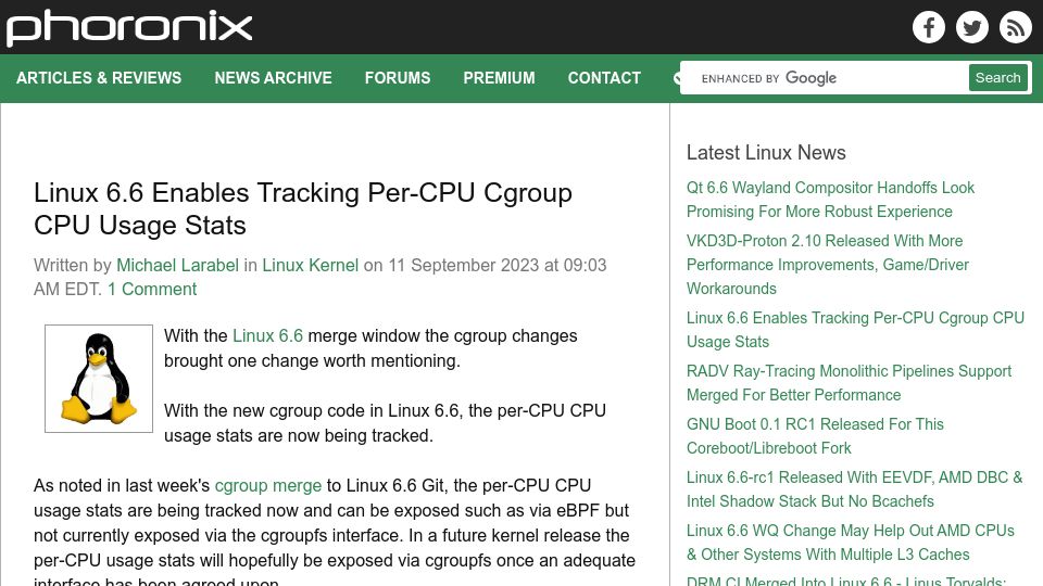 Screenshot of phoronix.com: Linux 6.6 Enables Tracking Per-CPU Cgroup CPU Usage Stats