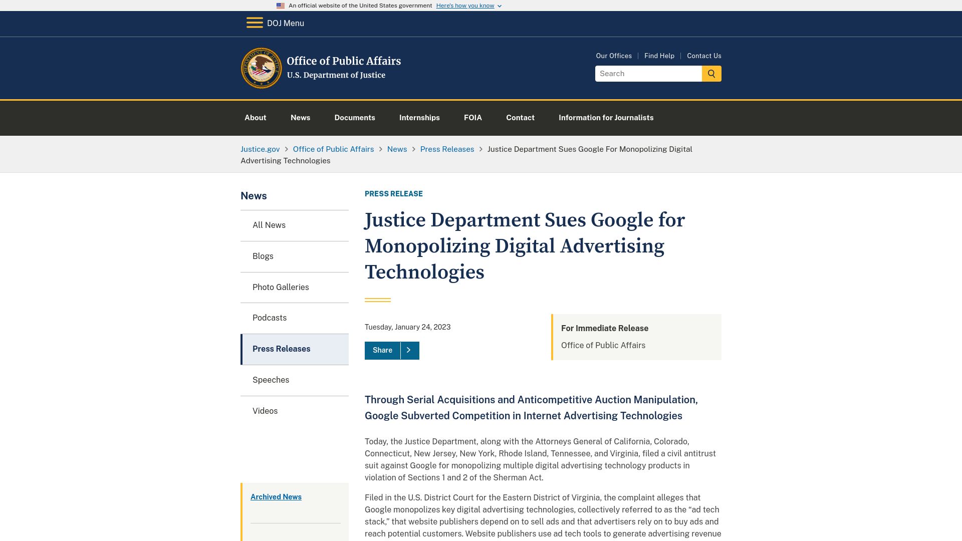 Screenshot of justice.gov: Justice Department Sues Google for Monopolizing Digital Advertising Technologies