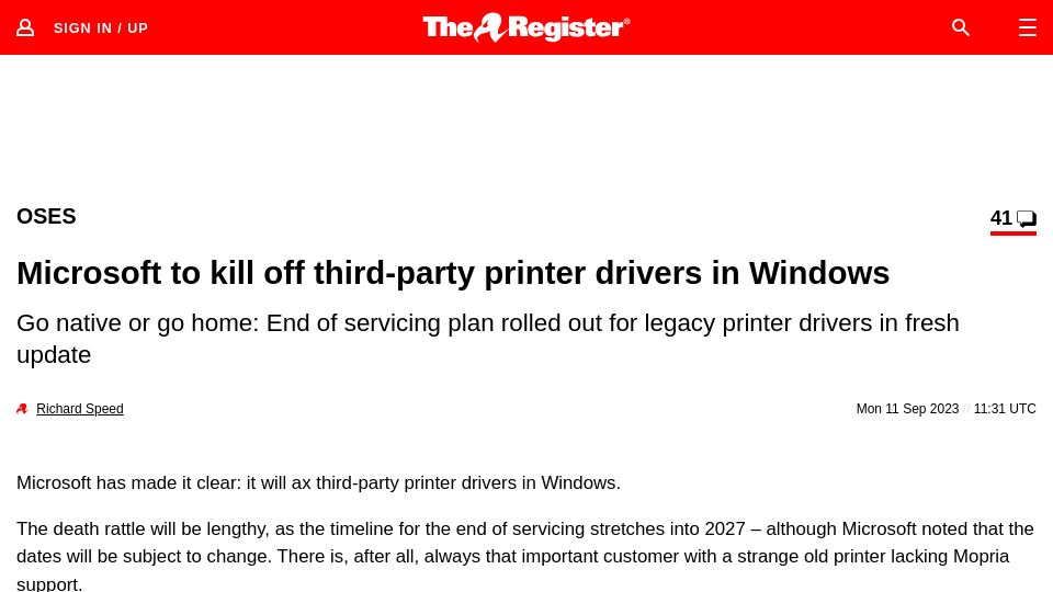 Screenshot of theregister.com: Microsoft to kill off third-party printer drivers in Windows