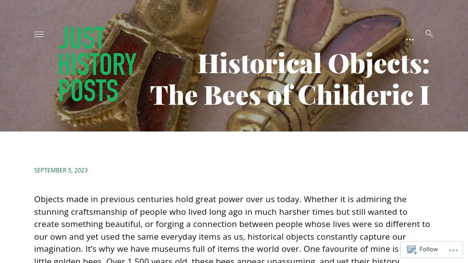 Screenshot of justhistoryposts.com: Historical Objects: The Bees of Childeric I