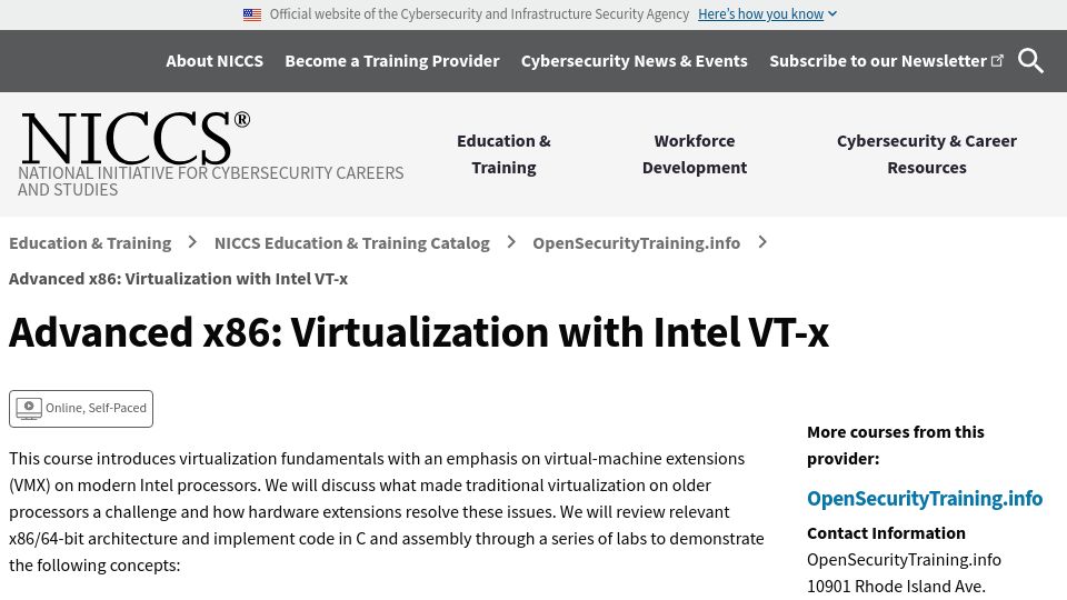 Screenshot of opensecuritytraining.info: Advanced x86: Virtualization with  Intel VT-x