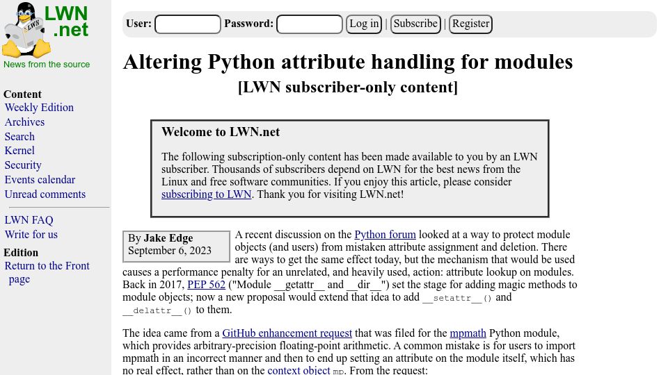 Screenshot of lwn.net: Altering Python attribute handling for modules