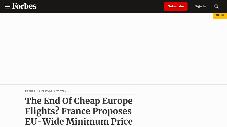 Screenshot of forbes.com: The End of Cheap Europe Flights? France Proposes EU-Wide Minimum Price