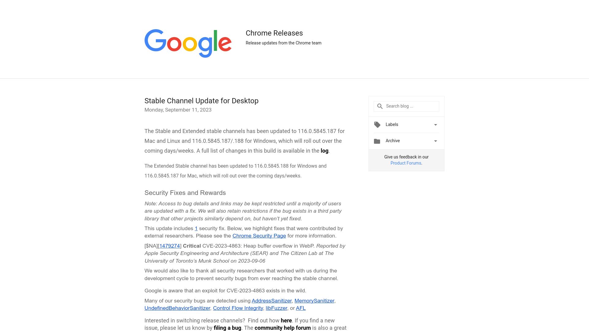 Screenshot of chromereleases.googleblog.com: Chrome: Heap buffer overflow in WebP