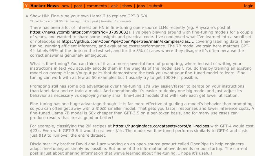 Screenshot of Hacker News post: Fine-tune your own Llama 2 to replace GPT-3.5/4