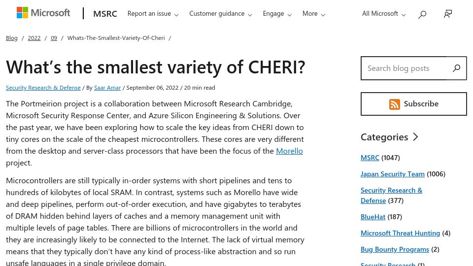 Screenshot of msrc.microsoft.com: What’s the Smallest Variety of CHERI? (2022)