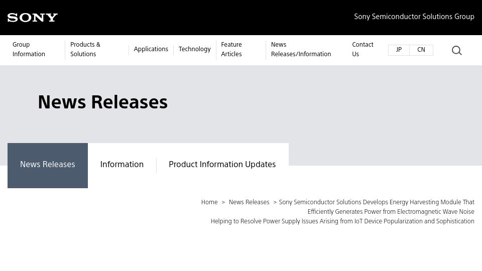 Screenshot of sony-semicon.com: Sony develops energy harvesting module from electromagnetic wave noise