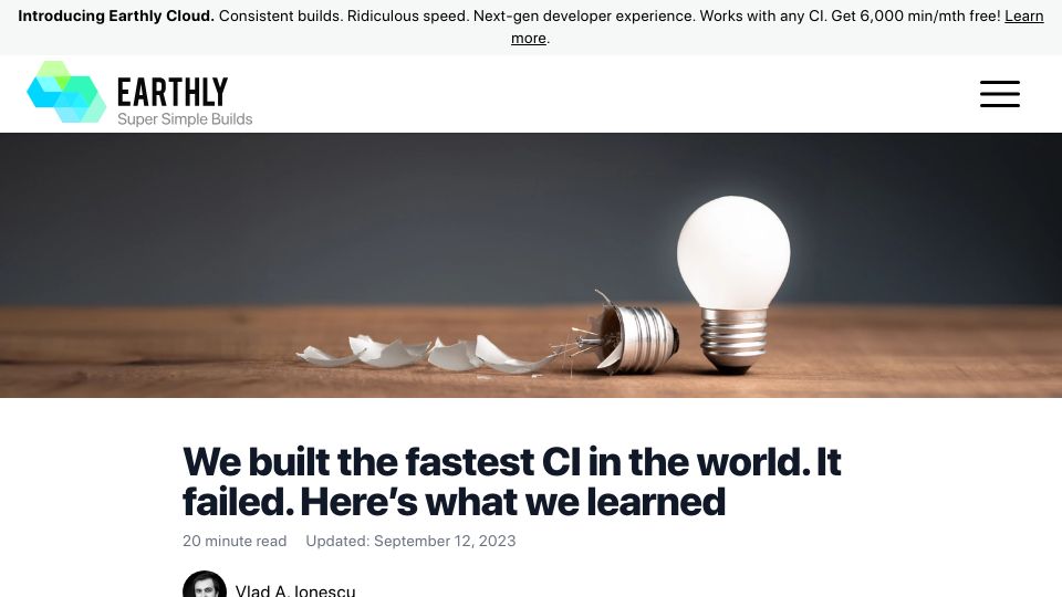 Screenshot of earthly.dev: We built the fastest CI and it failed