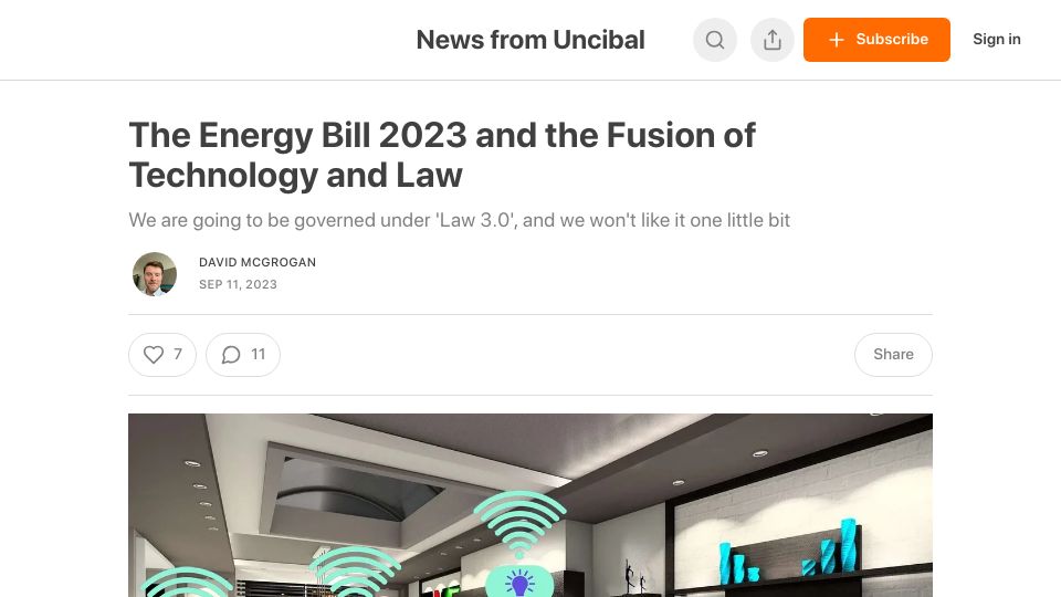Screenshot of newsfromuncibal.substack.com: UK Energy Bill 2023 and the Fusion of Technology and Law