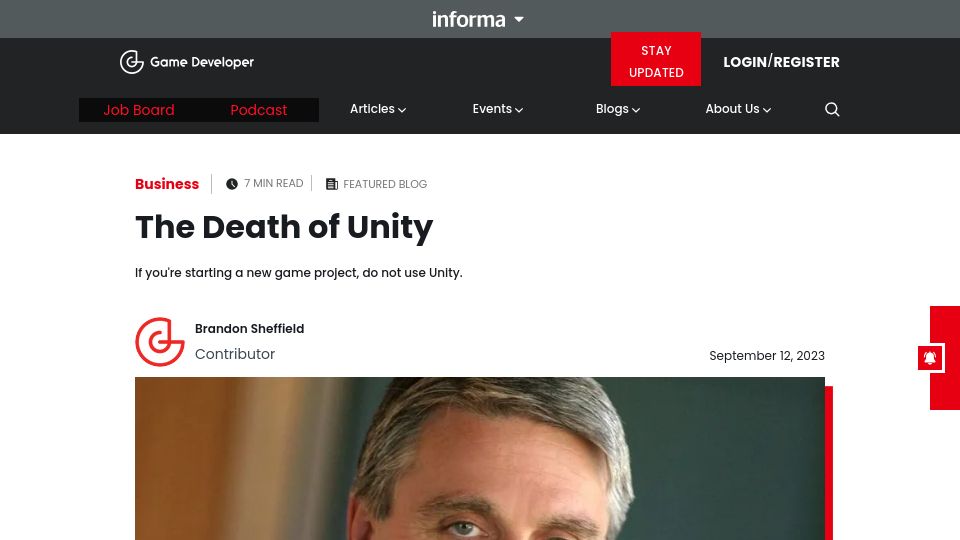 Screenshot of gamedeveloper.com: The Death of Unity
