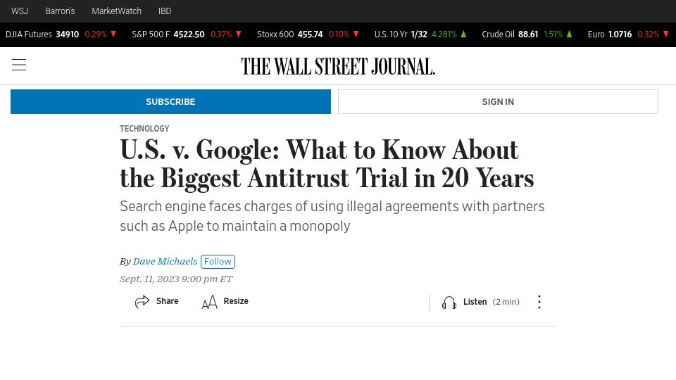 Screenshot of wsj.com: U.S. v. Google