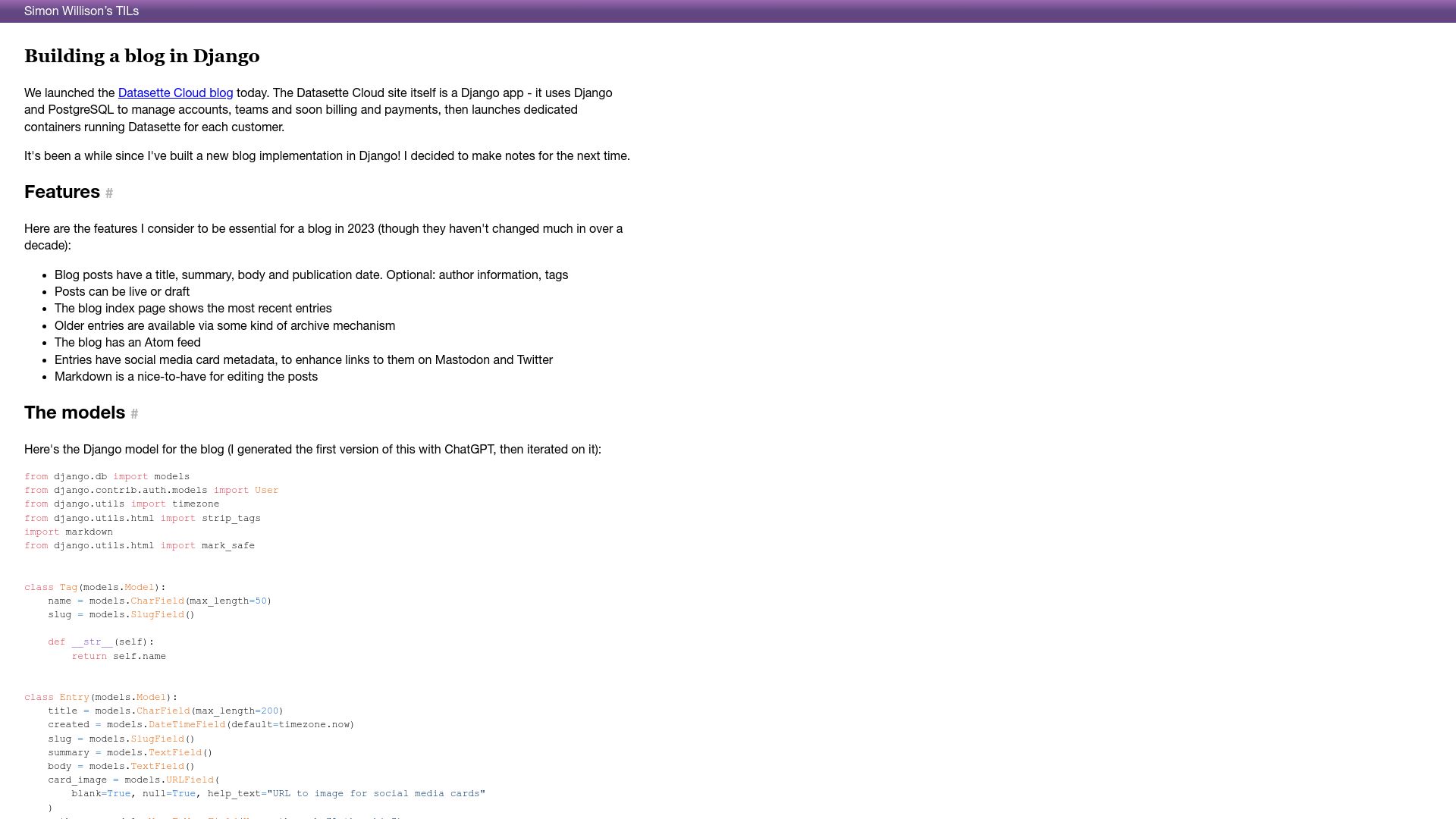 Screenshot of til.simonwillison.net: Notes from building a blog in Django
