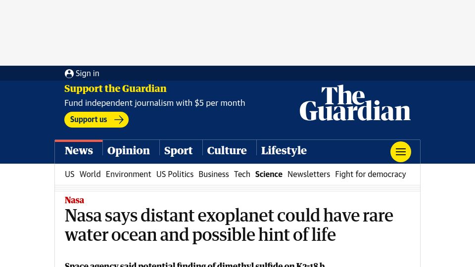 Screenshot of theguardian.com: NASA says distant exoplanet could have rare water ocean, possible hint of life
