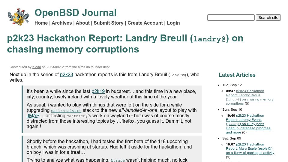 Screenshot of undeadly.org: OpenBSD p2k23 Hackathon landry on chasing memory corruptions