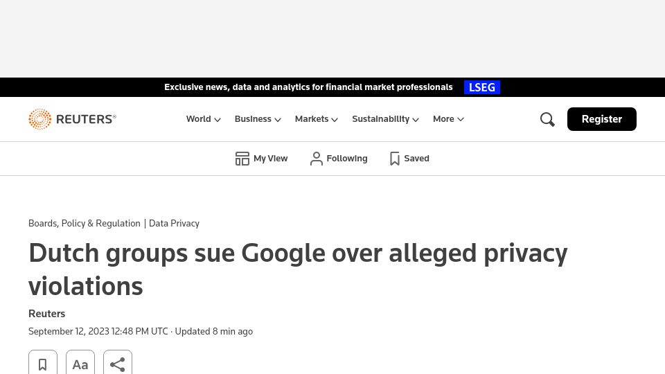 Screenshot of reuters.com: Dutch groups sue Google over alleged privacy violations