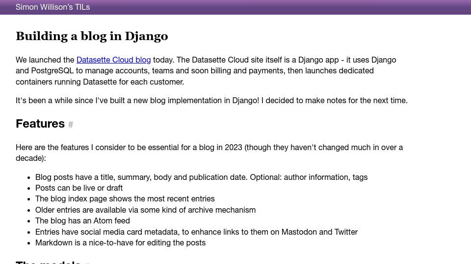 Screenshot of til.simonwillison.net: Notes from building a blog in Django