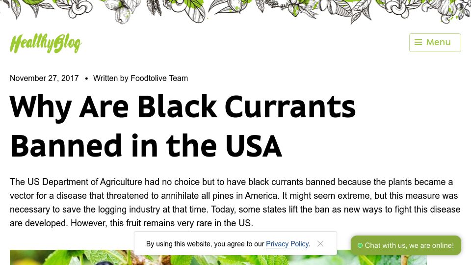Screenshot of foodtolive.com: Black currants were banned in the USA (2017)