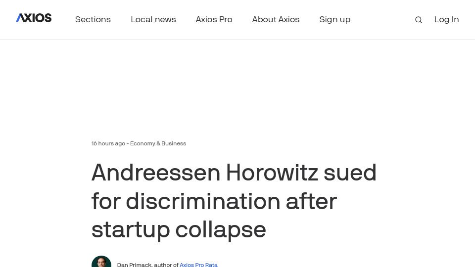 Screenshot of axios.com: Andreessen Horowitz sued for discrimination after startup collapse