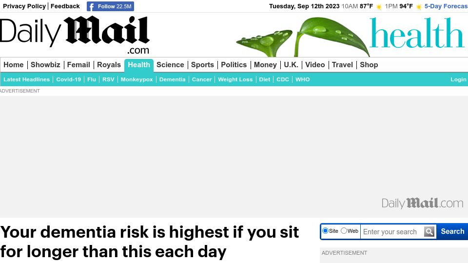 Screenshot of dailymail.co.uk: Dementia risk is highest if you sit for longer than 10 hours each day