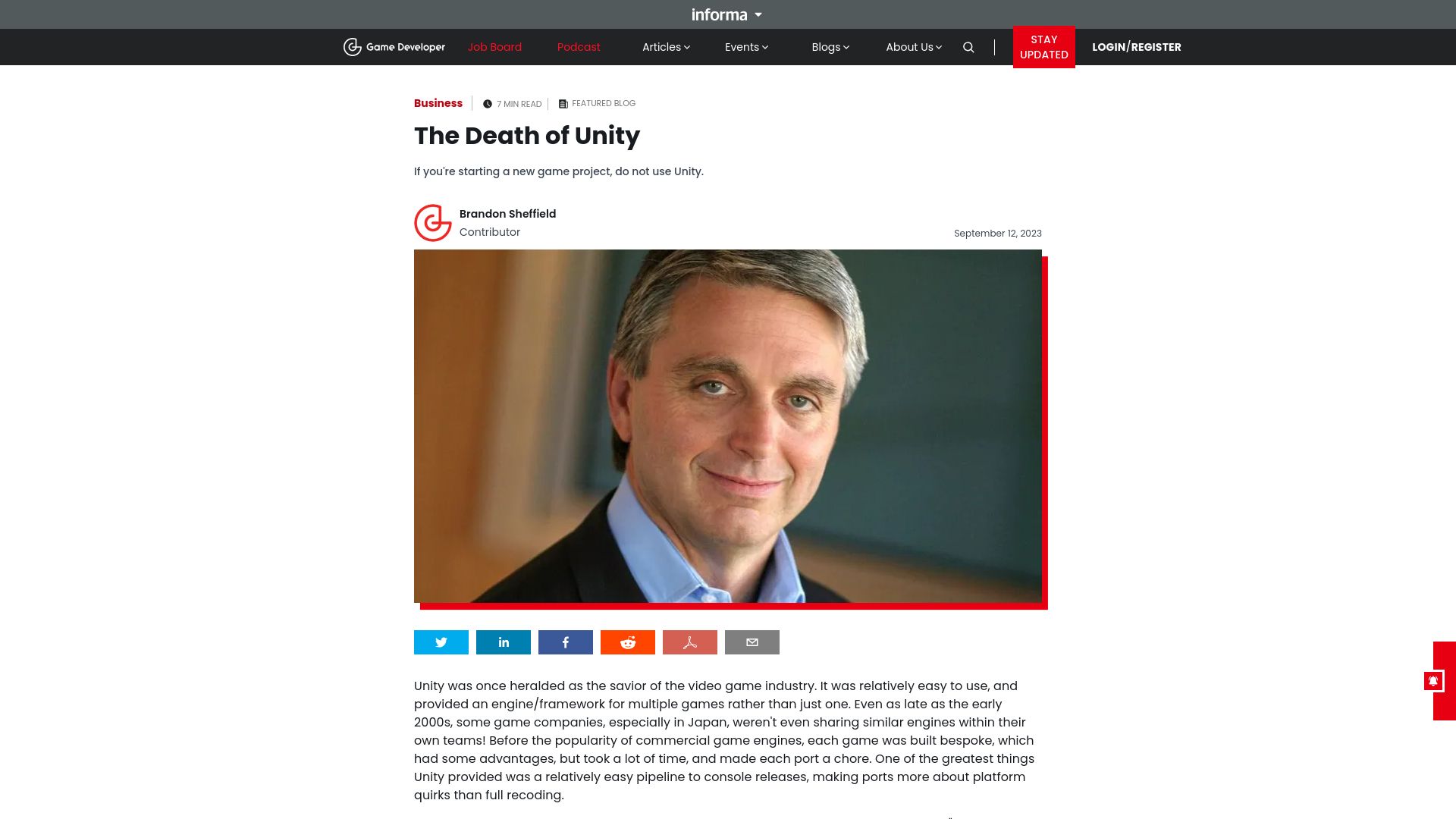 Screenshot of gamedeveloper.com: The Death of Unity