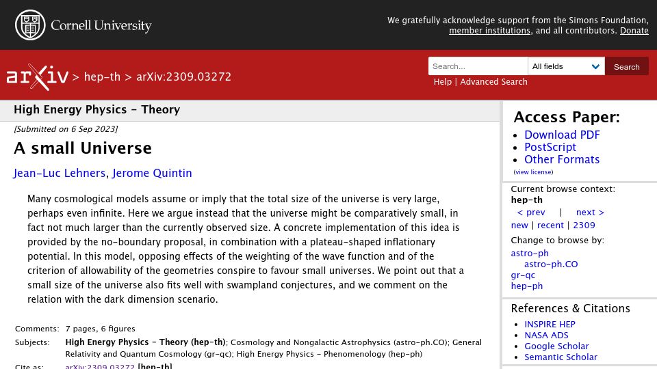 Screenshot of arxiv.org: A Small Universe