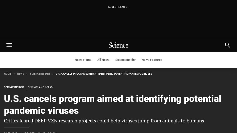 Screenshot of science.org: U.S. cancels program aimed at identifying potential pandemic viruses