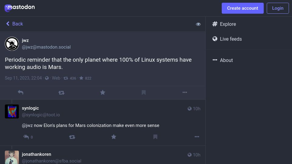 Screenshot of mastodon.social: The only planet where 100% of Linux systems have working audio is Mars