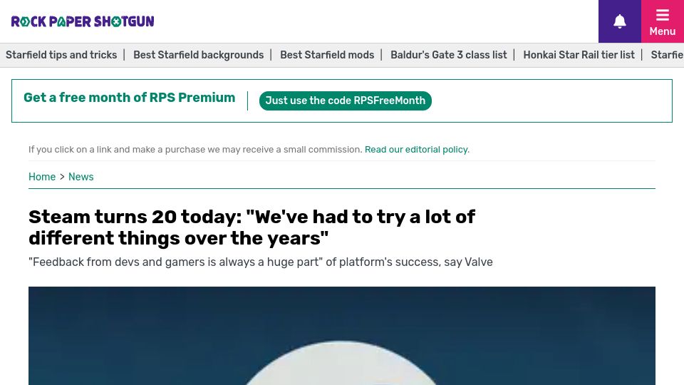 Screenshot of rockpapershotgun.com: Steam turns 20 today: “We had to try a lot of different things over the years”