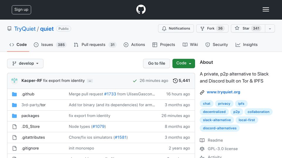 Screenshot of github.com: Quiet – Encrypted P2P team chat with no servers, just Tor