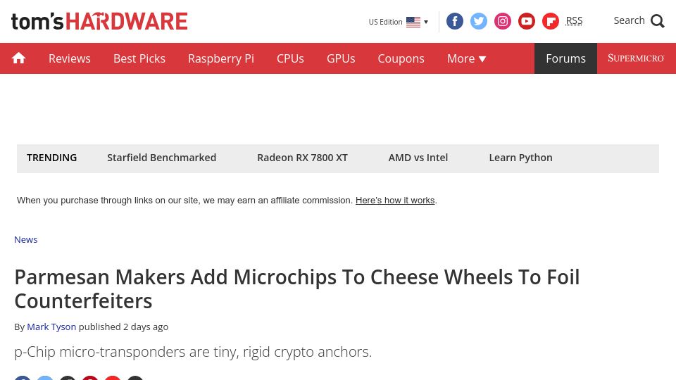 Screenshot of tomshardware.com: Parmesan makers add microchips to cheese wheels to foil counterfeiters