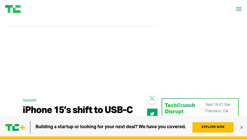 Screenshot of techcrunch.com: iPhone 15’s shift to USB-C has hidden potential to streamline computing