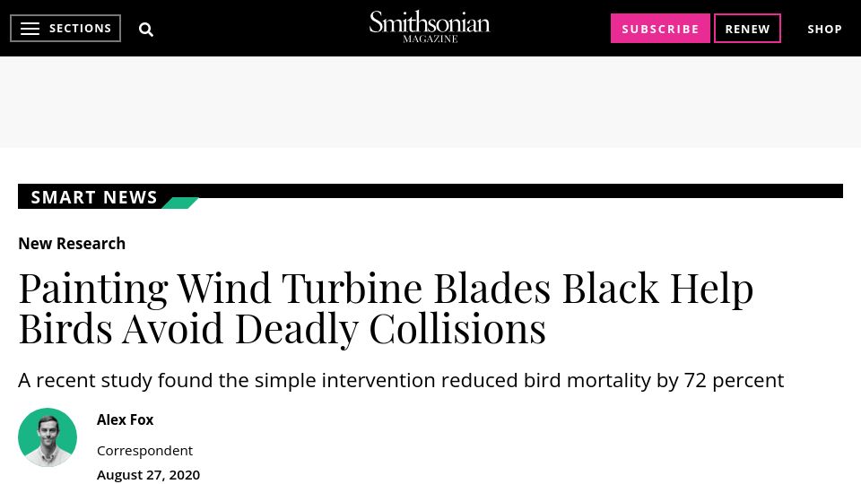 Screenshot of smithsonianmag.com: Painting Wind Turbine Blades Black Help Birds Avoid Deadly Collisions