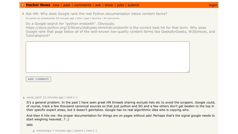 Screenshot of Hacker News post: Ask HN: Why does Google rank the real Python documentation below content farms?