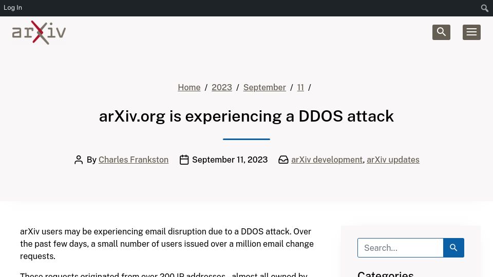 Screenshot of blog.arxiv.org: Arxiv.org is experiencing a DDoS attack