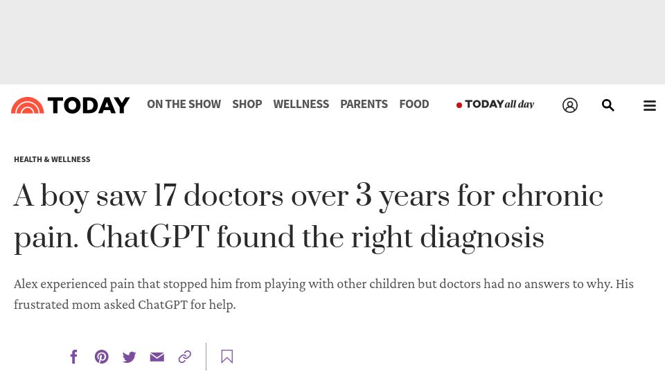 Screenshot of today.com: A boy saw 17 doctors over 3 years for pain. ChatGPT found the right diagnosis