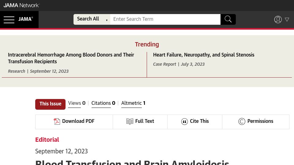 Screenshot of jamanetwork.com: Intracerebral hemorrhage among blood donors and their transfusion recipients