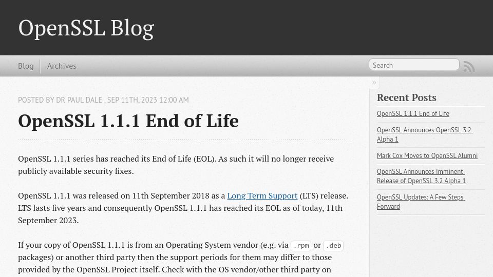 Screenshot of openssl.org: OpenSSL 1.1.1 End of Life