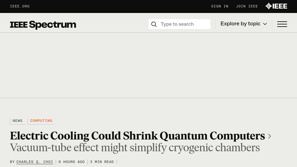 Screenshot of spectrum.ieee.org: Electric cooling could shrink quantum computers