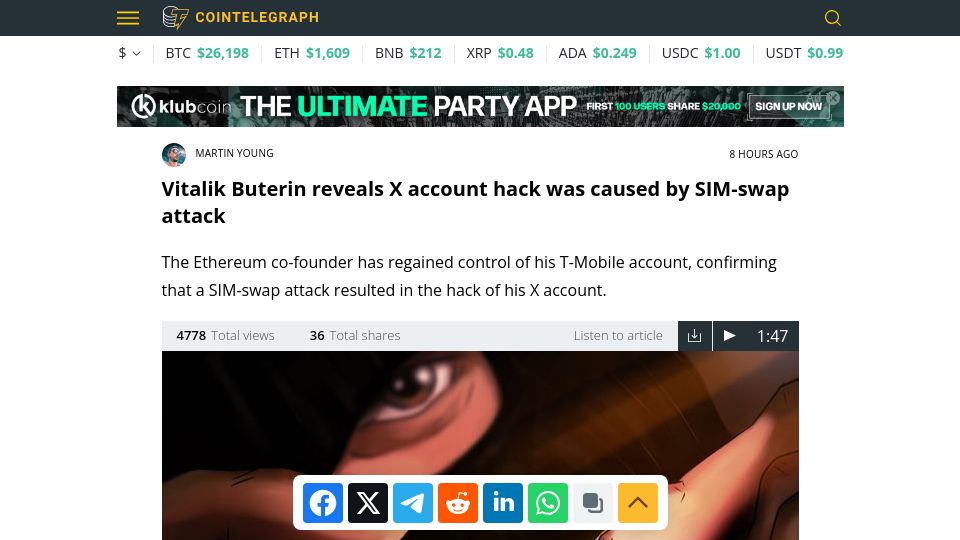 Screenshot of cointelegraph.com: Vitalik Buterin reveals X account hack was caused by SIM-swap attack