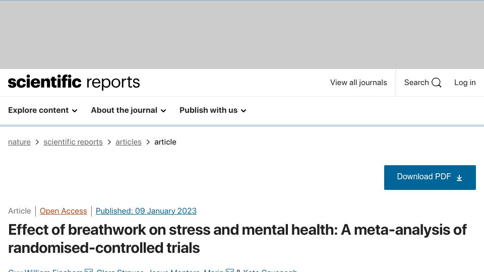 Screenshot of nature.com: Effect of breathwork on stress and mental health: A meta-analysis of RCTs