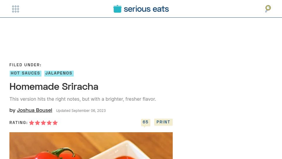 Screenshot of seriouseats.com: Homemade Sriracha