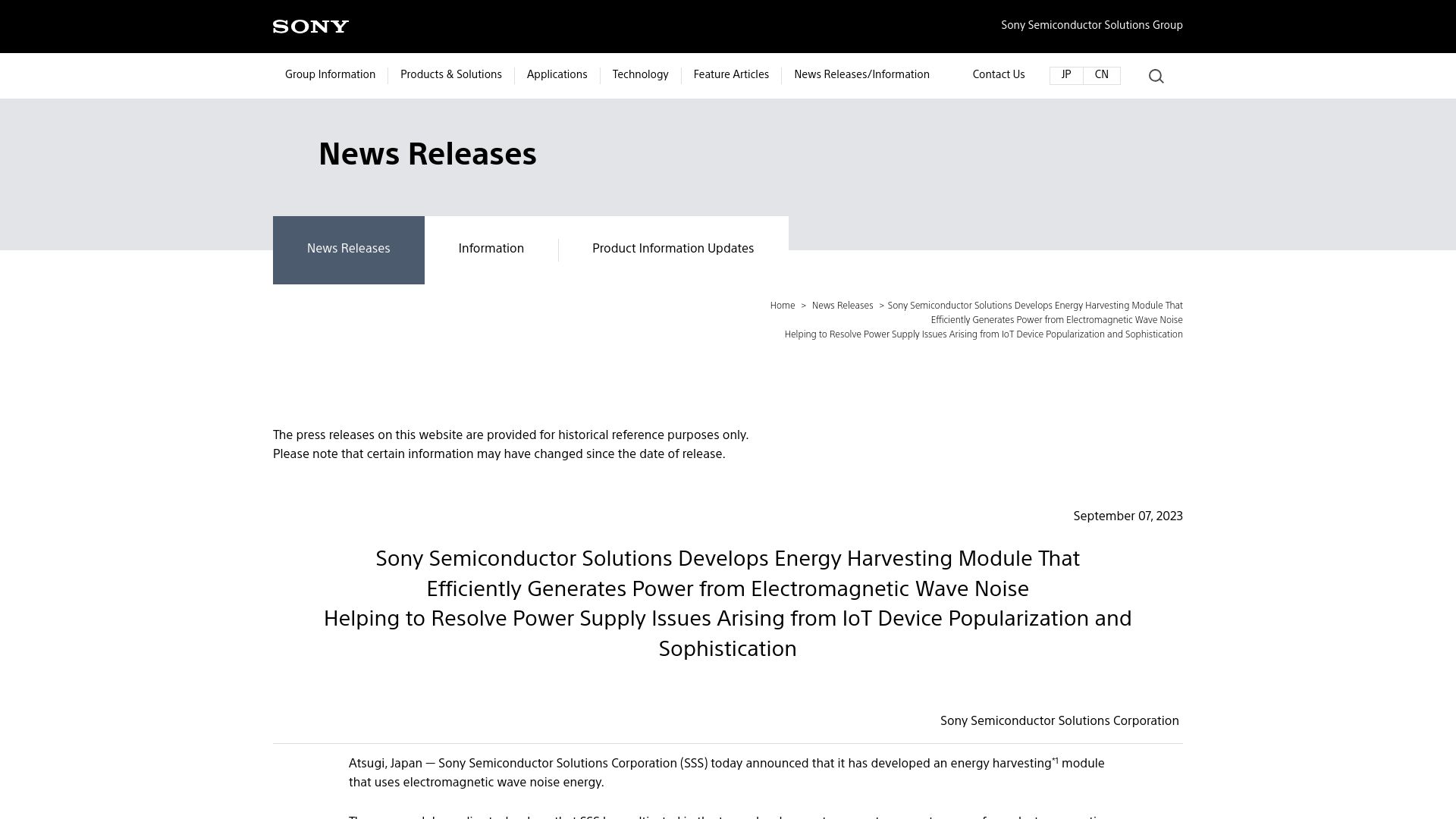Screenshot of sony-semicon.com: Sony develops energy harvesting module from electromagnetic wave noise