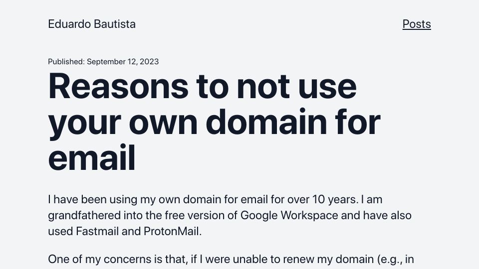 Screenshot of bautista.dev: Reasons to not use your own domain for email