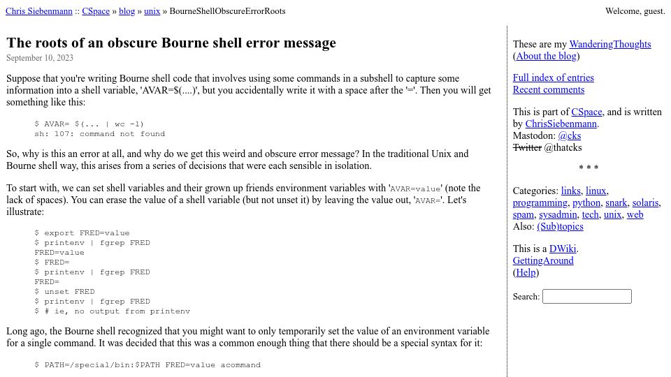 Screenshot of utcc.utoronto.ca: The roots of an obscure Bourne shell error message