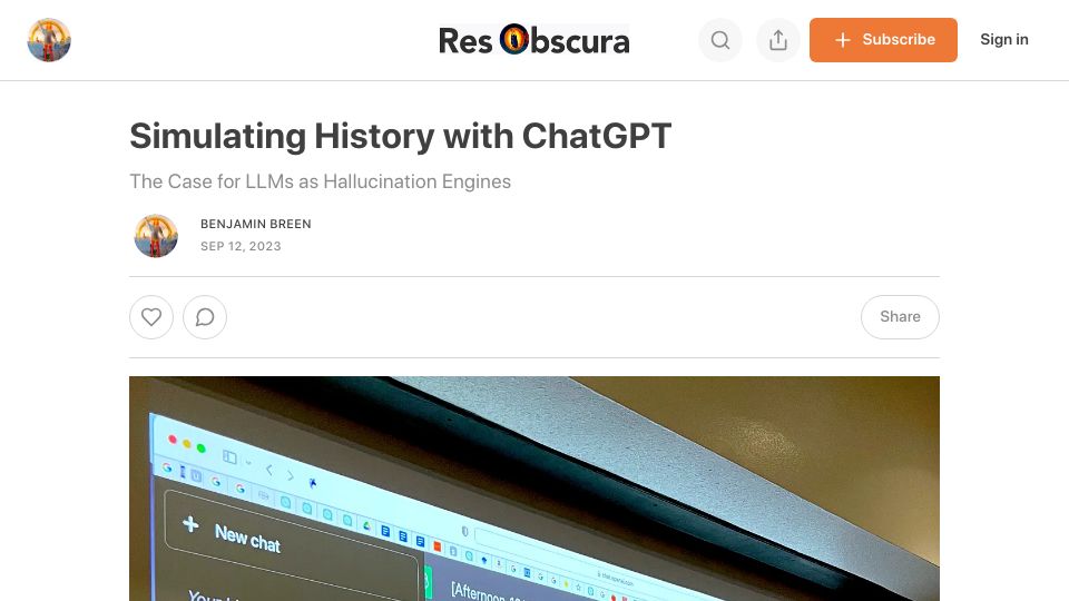 Screenshot of resobscura.substack.com: Simulating History with ChatGPT