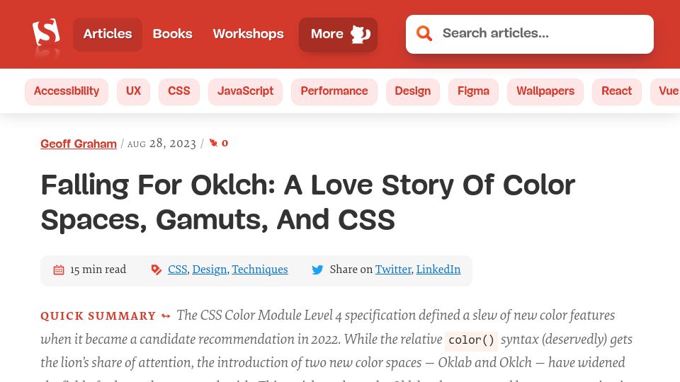 Screenshot of smashingmagazine.com: Falling for Oklch: A Love Story of Color Spaces, Gamuts, and CSS