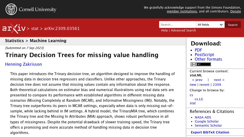 Screenshot of arxiv.org: Trinary Decision Trees for missing value handling
