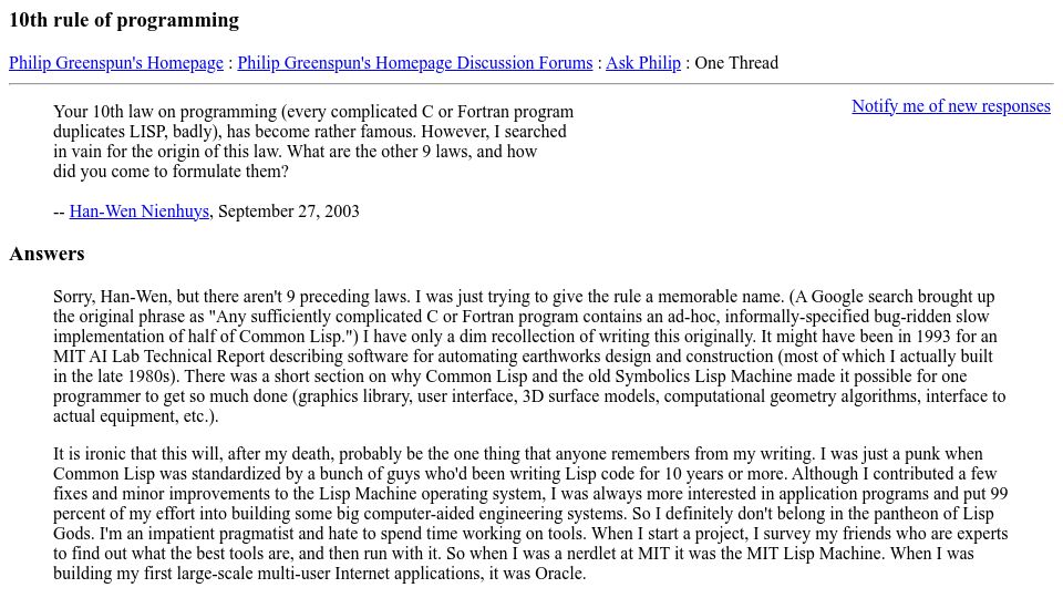 Screenshot of philip.greenspun.com: 10th Rule of Programming (2003)