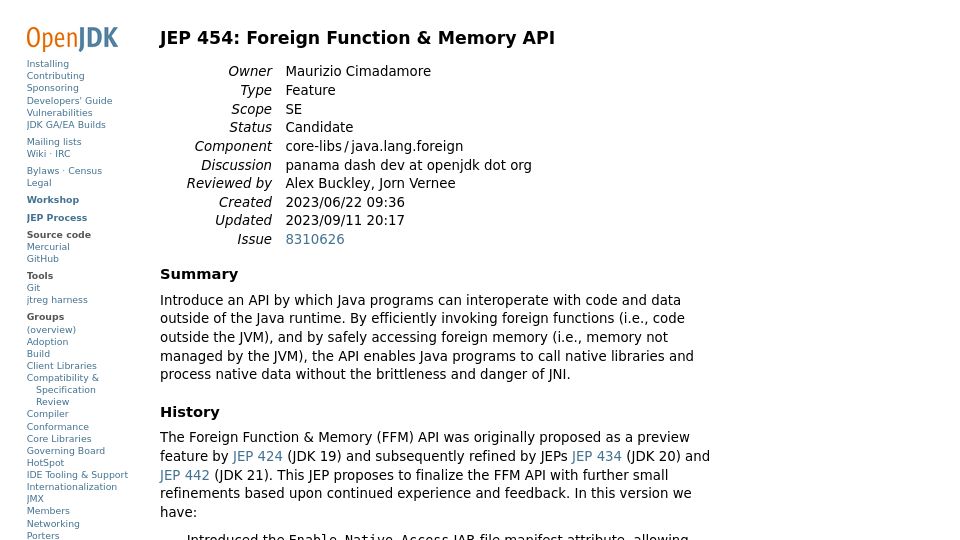 Screenshot of openjdk.org: JEP 454: Foreign Function and Memory API