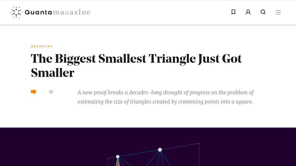 Screenshot of quantamagazine.org: New upper bound found for the Heilbronn triangle problem